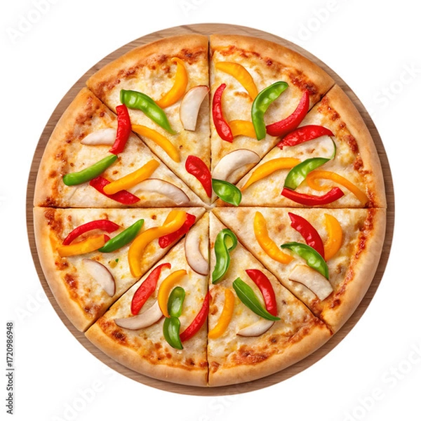 Fototapeta Deliciously Fresh Vegetarian Pizza with Colorful Bell Peppers and Mushrooms, Perfect for Any Occasion