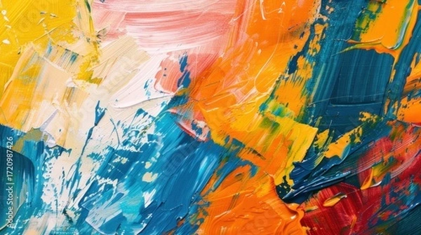 Fototapeta A colorful abstract painting with blue, orange, and yellow hues, featuring brushstrokes and splatters.