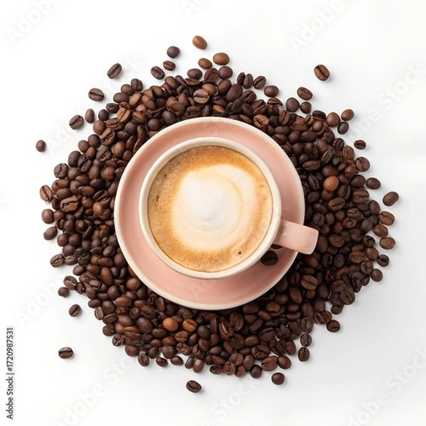 Obraz Latte Art: A Cup of Coffee Surrounded by Roasted Beans