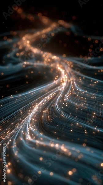 Fototapeta Digital glowing wave of orange and blue particles flowing on dark background. Great for technology themes, websites, presentations, and creative projects needing futuristic abstract backdrops.