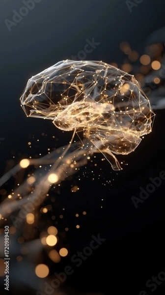 Fototapeta Abstract glowing brain shape formed by orange particles on dark background. Perfect for artificial intelligence, neural networks, science, and technology projects with futuristic design themes.