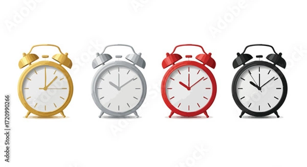 Fototapeta Four vintage alarm clocks in different colors: gold, silver, red, and black, displayed in a row against a white background.
