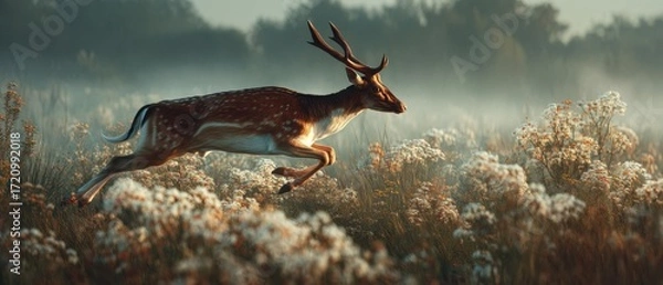 Fototapeta a graceful deer antelope with curved horns, leaps across the wilderness of the Namibian desert