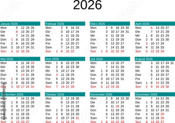 Obraz year 2026 calendar in German with Germany holidays