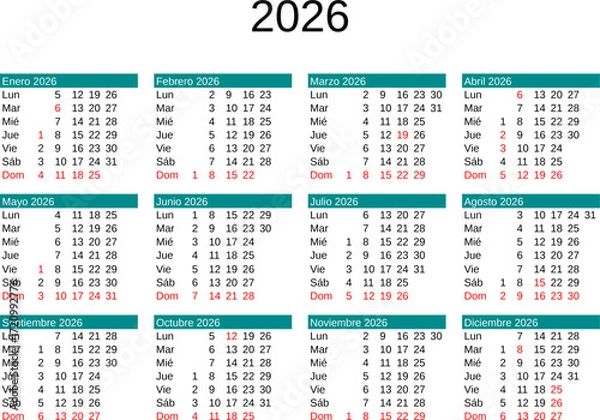 Obraz year 2026 calendar in Spanish with Spain holidays