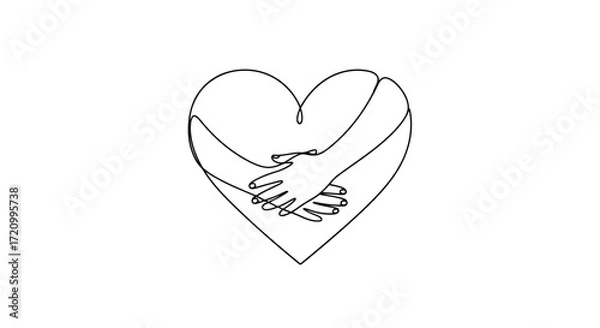 Fototapeta Continuous line drawing of a heart with embracing arms isolated on white