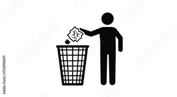 Fototapeta Stick figure throwing crumpled paper into a trash can