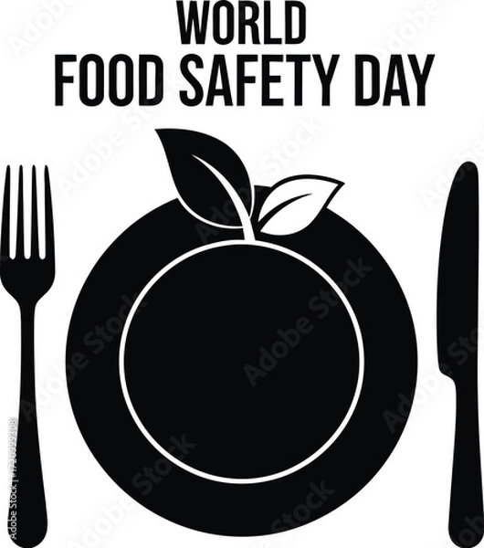 Obraz World Food Safety Day concept with plate, cutlery, and leaves symbol