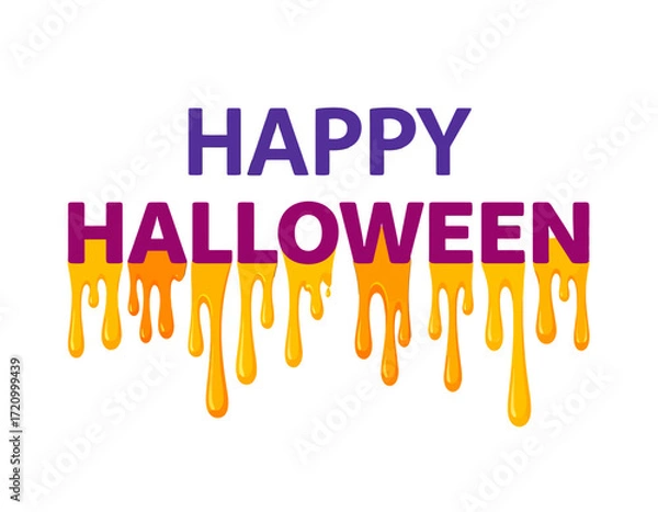 Fototapeta Happy Halloween text graphic with dripping orange and purple liquid effect.