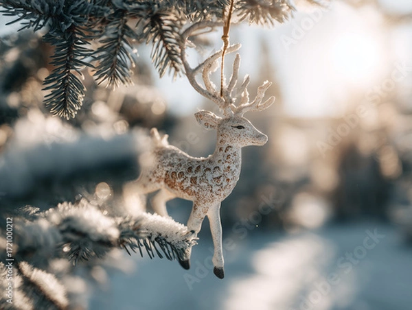 Fototapeta Elegant reindeer ornament hanging on snow-covered evergreen in winter sunlight