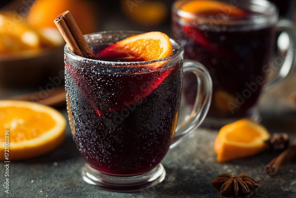 Fototapeta Warm mulled wine in glass mug with cinnamon stick and orange slice