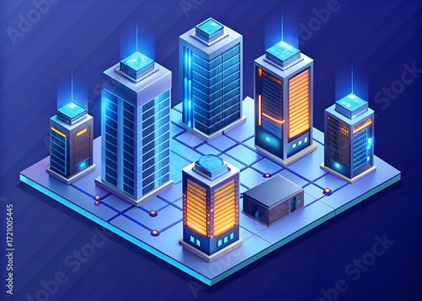 Fototapeta Futuristic Digital City. Network of Servers and Data Centers