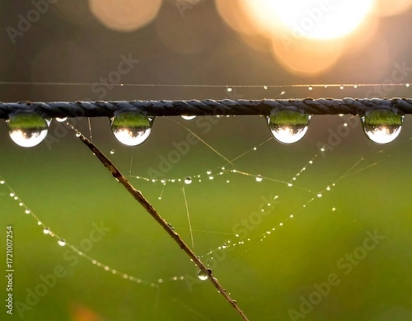 Obraz Dewdrops on a wire, spiderweb, sunrise