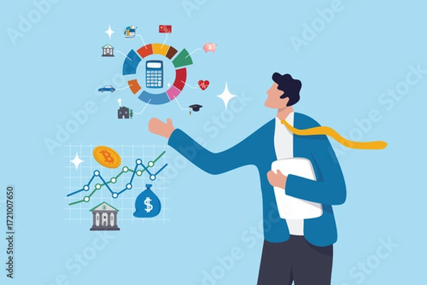 Fototapeta Financial advisor giving advice for budget planning, wealth management or investment strategy, saving or income tax, mortgage or expense, businessman financial advisor talk with graph and chart.