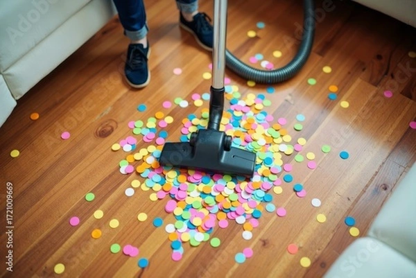 Fototapeta Overhead View of Cleaning Up Colorful Confetti on a Hardwood Floor After a Party
