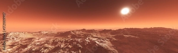 Obraz Panorama of Mars at sunset, sunrise above the surface of Mars, Martian landscape, 3d rendering