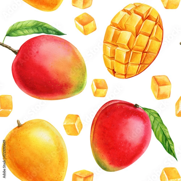 Obraz Ripe mango fruits with sliced cubes tropical watercolor seamless pattern fresh exotic summer fruit design