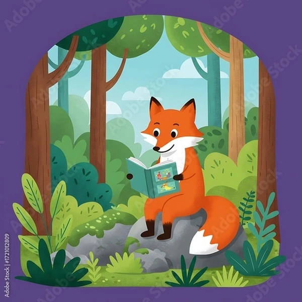 Obraz Adorable cartoon fox reading a book in a lush forest setting