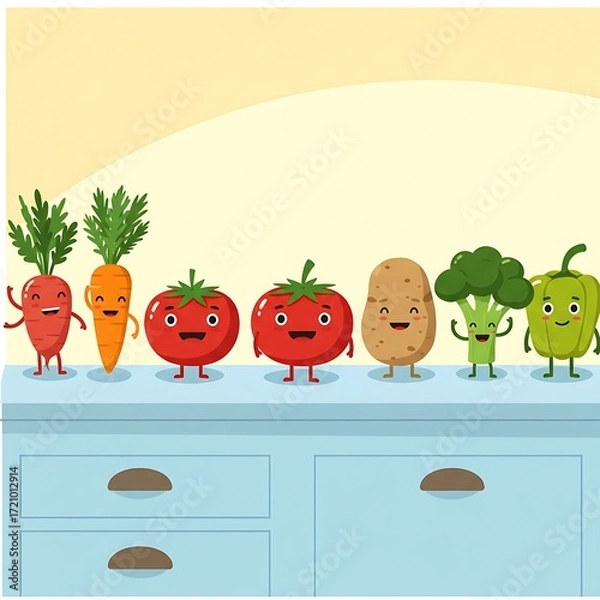 Obraz Adorable cartoon vegetables with happy faces standing on a kitchen counter