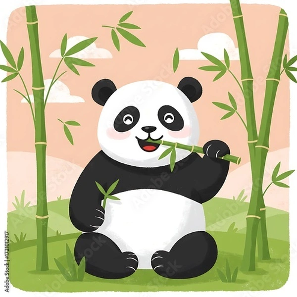 Obraz Adorable cartoon panda eating bamboo in a lush green forest setting