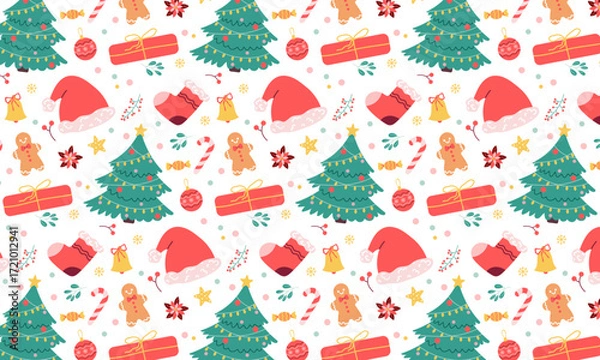 Fototapeta Christmas Seamless  Pattern with Tree, Hat, Candy, Cookies, Gift, Bell and Stars. Christmas Background. Vector Illustrations