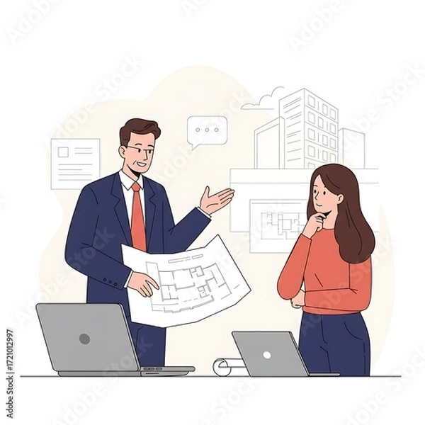 Obraz Architect and client reviewing blueprints for a new building project in a modern office setting.