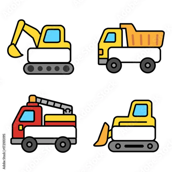 Fototapeta  Cartoon construction vehicle name tags set with excavator, dump truck, fire truck, and bulldozer. Cute design with blank space for text. Perfect for kids, school, party, sticker, label, and education