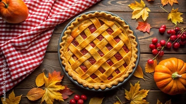 Fototapeta Overhead shot of a latticetopped pie surrounded by fall foliage and pumpkins
