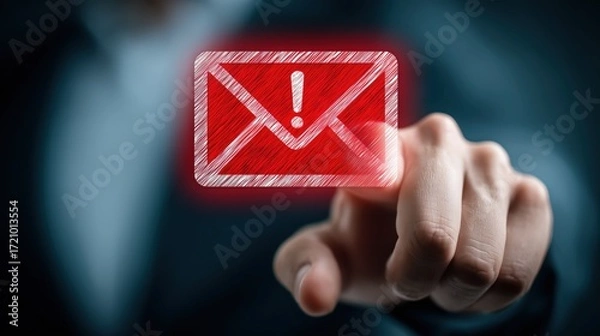 Fototapeta Business hand touches glowing red warning email icon on dark screen. Useful for cybersecurity, phishing alerts, spam detection, presentations, and ads about safe communication and protection.