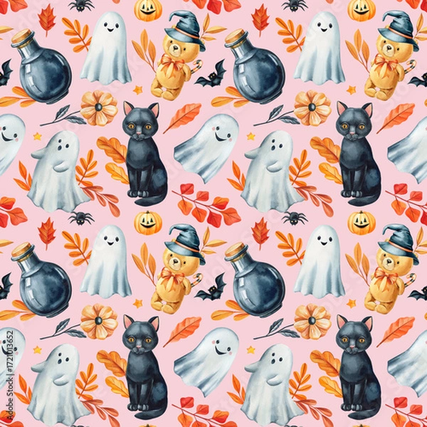 Obraz Black cat ghost teddy bear pumpkin and potion bottle watercolor seamless pattern with autumn leaves for design