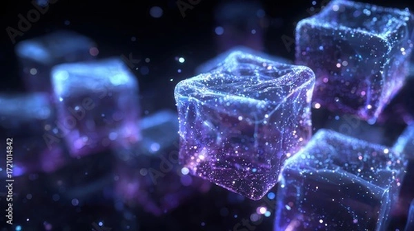 Fototapeta Abstract visualization of glowing cubes in a cosmic environment, showcasing intricate patterns and luminous details.