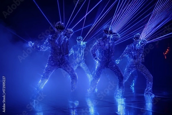 Fototapeta Dancers in illuminated suits performing in a dazzling laser light display