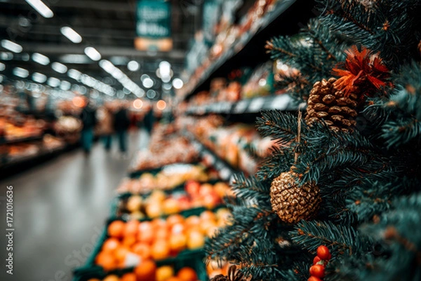 Fototapeta Vibrant and festive supermarket aisle filled with seasonal merchandise and a cheerful winter inspired ambiance creating a welcoming shopping experience.