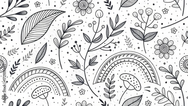 Fototapeta Whimsical botanical pattern with playful rainbows and flowers in a modern line art style, perfect for adding a lighthearted touch to your designs