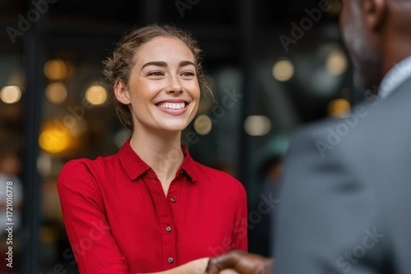 Fototapeta Business handshake concept. Happy middle aged professional woman manager and male client or partner shaking hand expressing trust in b2b partnership at meeting in corporate office. Hiring, onboarding.