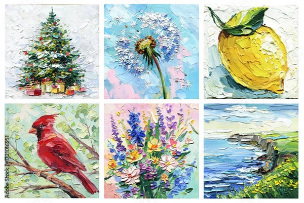 Obraz Set of impasto acrylic paintings with cardinal bird lemon dandelion Christmas tree wildflower bouquet and seaside landscape