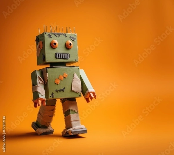 Fototapeta Cardboard robot styled as a Halloween zombie, with a green boxy head and body against vibrant orange background. Playfully, kid friendly autumn template