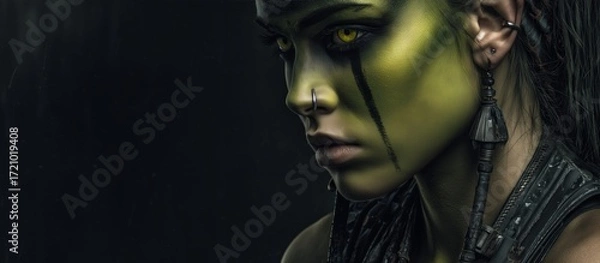 Fototapeta Zombie woman with eerie green face paint, yellow eyes and piercings. Halloween, fantasy tribal dark background.