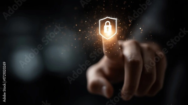 Fototapeta Close-up hand touches a glowing lock icon on a dark background. Perfect for cybersecurity, privacy, secure login, access control, and slides or websites about data safety and trust.