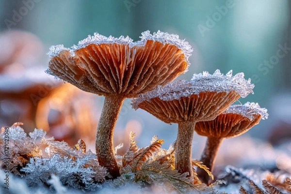 Fototapeta Frost-Covered Mushrooms Amidst Ferns in Winter.