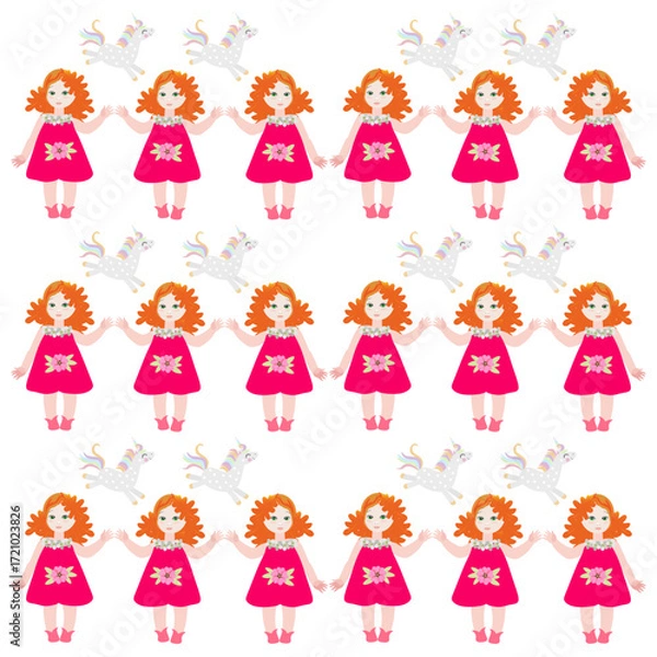 Fototapeta Girls and unicorns. Seamless pattern in vector. White background. Cute illustration. Print for children's fabric.
