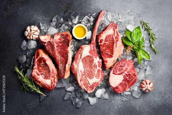 Fototapeta Raw Prime Black Angus steaks for grilling with seasoning: Tomahawk steak, Ribeye, T-bone and Ossobuco steak. Assortment of barbecue steaks.