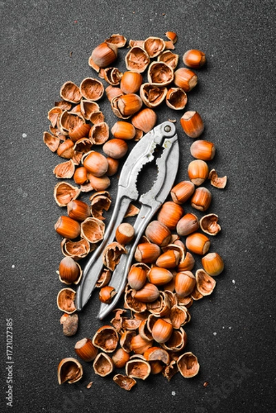 Fototapeta Hazelnut and Tutcracker,tongs for nuts on a dark stone table. Top view. Organic food.