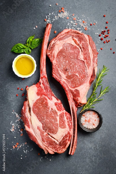 Fototapeta Two raw Tomahawk steaks, on the bone with rosemary, butter and salt. On a gray concrete background.