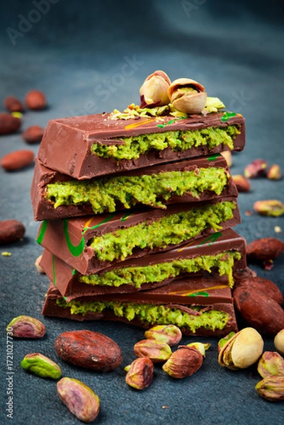 Fototapeta Dubai Chocolate bar with green kadayif and pistachio spread with pistachio nuts. Side view. On a dark stone background.