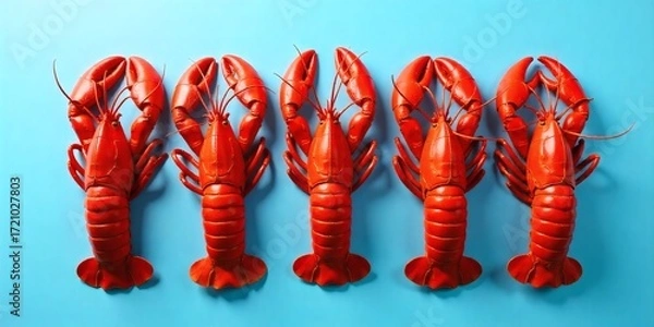 Fototapeta Three red lobsters aligned on a blue background, studio shot , vibrant colors, symmetrical composition, food photography, high resolution, detailed texture, bright lighting, culinary presentation.