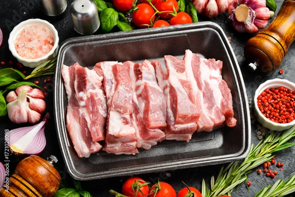Fototapeta Raw meat. Pork bacon cut into pieces. Meat on a plastic black container from the market. Close-up.