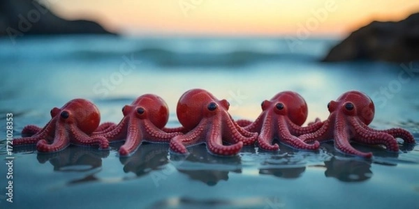 Fototapeta Three red octopuses on the shore of a beach , the water is blue and the sky is red