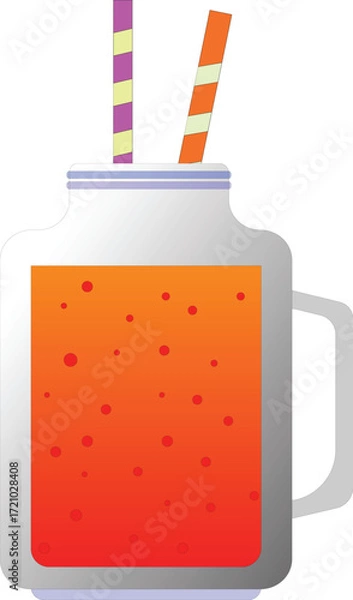Fototapeta A cartoon illustration of a mason jar filled with a gradient orange liquid and two striped straws