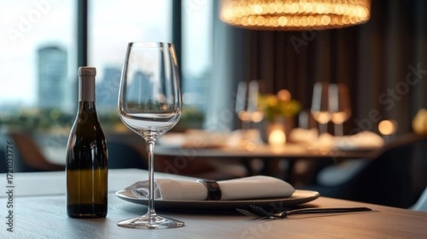 Fototapeta Elegant dining setup featuring a wine bottle, glass, and plate in a stylish restaurant with a city view.